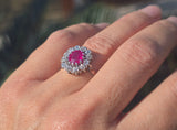 18ct white gold ruby and mine cut diamond estate halo ring