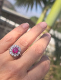 18ct white gold ruby and mine cut diamond estate halo ring