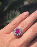 18ct white gold ruby and mine cut diamond estate halo ring