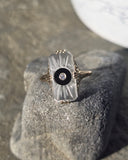 10k gold c.20's filigree Deco black onyx. diamond & crystal ring