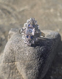 14k white gold diamond & sapphire estate Art Deco c.1920's filigree glove shield ring