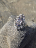 14k white gold diamond & sapphire estate Art Deco c.1920's filigree glove shield ring