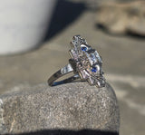 14k white gold diamond & sapphire estate Art Deco c.1920's filigree glove shield ring