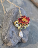 14ct gold Art Nouveau enamel, pearl and citrine floral poppy antique necklace pendant pin brooch