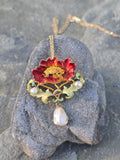 14ct gold Art Nouveau enamel, pearl and citrine floral poppy antique necklace pendant pin brooch