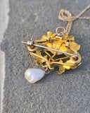 14ct gold Art Nouveau enamel, pearl and citrine floral poppy antique necklace pendant pin brooch