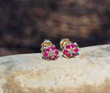 14k gold ruby and diamond flower estate stud earrings