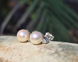18k white gold diamond & pearl  studs earrings - apx .11t tw