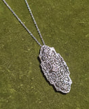 14k white gold Deco c.1920's diamond filigree pendant necklace