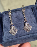 platinum and 18ct gold two-tone Art Deco diamond and sapphire target earrings dangle drops