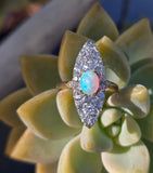 Edwardian 18ct gold & platinum two-tone old cut diamond and opal navette antique ring HOLD