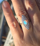 Edwardian 18ct gold & platinum two-tone old cut diamond and opal navette antique ring HOLD