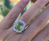 Platinum emerald cut peridot and old cut diamond estate ring
