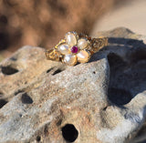 15ct gold Victorian floral ruby and pearl ring band