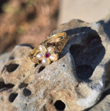 15ct gold Victorian floral ruby and pearl ring band