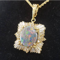 14k gold BLACK OPAL & DIAMOND estate necklace pendant