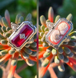 14k white gold c.1920's filigree carved shell cameo, diamond & created ruby estate FLIP ring HOLD