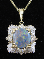 14k gold BLACK OPAL & DIAMOND estate necklace pendant