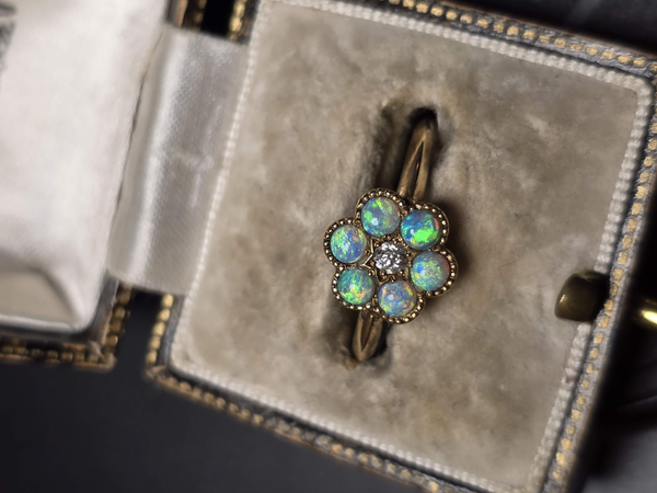 14k gold Victorian opal and diamond antique flower ring