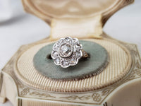 Platinum & 14k Edwardian mine & rose cut diamond halo Ring