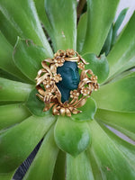 14k gold Nouveau brooch pendant - carved chrysoprase lady with floral headdress