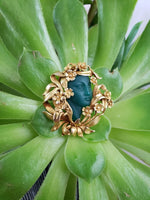 14k gold Nouveau brooch pendant - carved chrysoprase lady with floral headdress