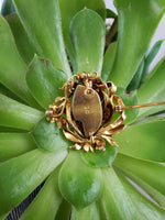 14k gold Nouveau brooch pendant - carved chrysoprase lady with floral headdress