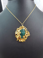 14k gold Nouveau brooch pendant - carved chrysoprase lady with floral headdress