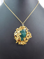 14k gold Nouveau brooch pendant - carved chrysoprase lady with floral headdress