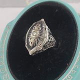 14k white gold c.20s filigree Deco diamond & quartz ring