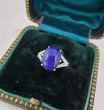 Platinum & 18k white gold estate ring - genuine black opal & diamond