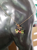 10k YG Victorian enameled leaf - seed pearls & old mine cut diamond necklace pendant