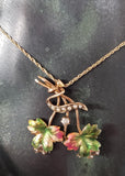 10k YG Victorian enameled leaf - seed pearls & old mine cut diamond necklace pendant