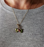 10k YG Victorian enameled leaf - seed pearls & old mine cut diamond necklace pendant