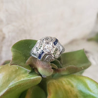 18k white gold vintage Art Deco Diamond & Sapphire filigree Ring