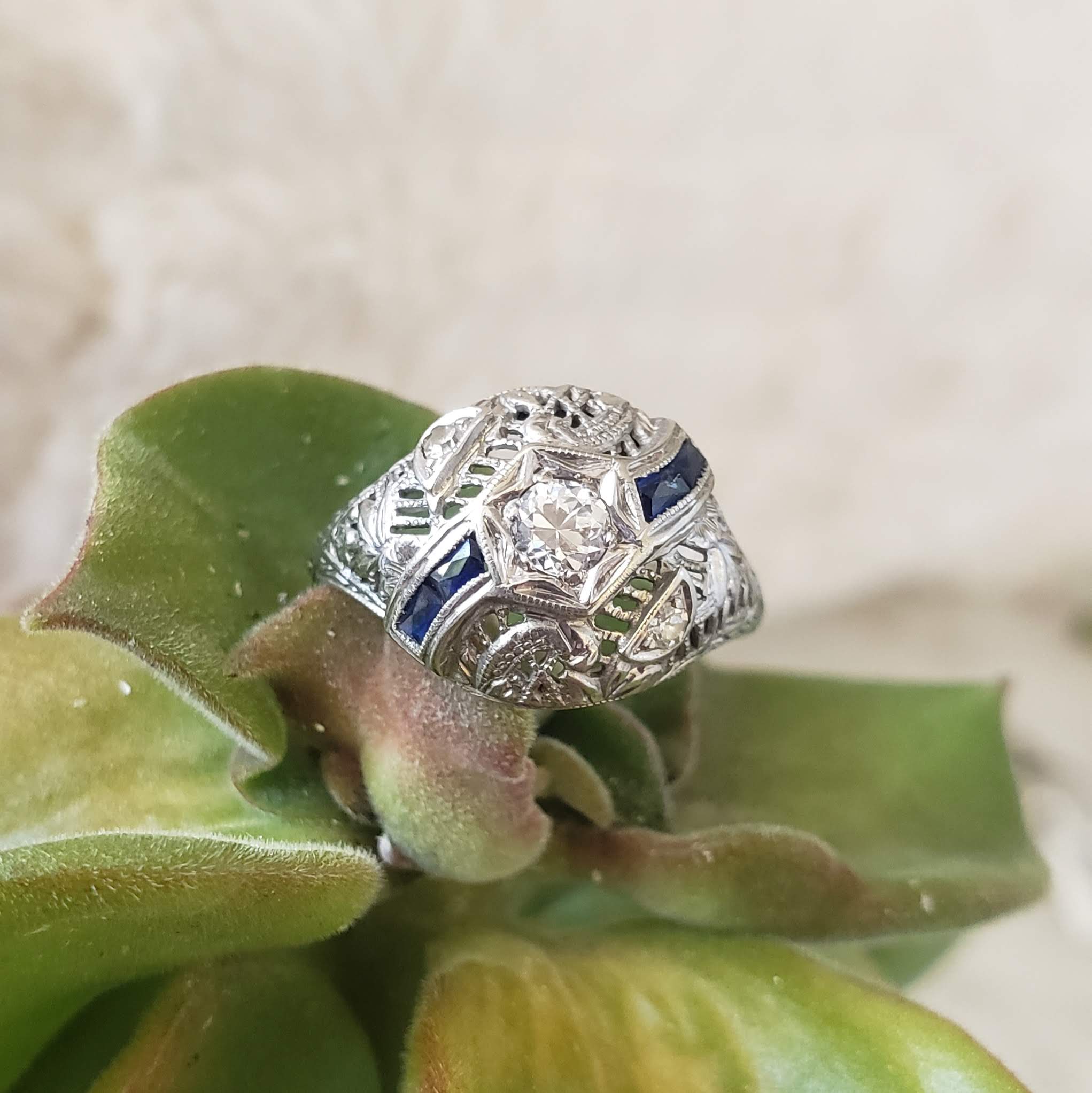 18k white gold vintage Art Deco Diamond & Sapphire filigree