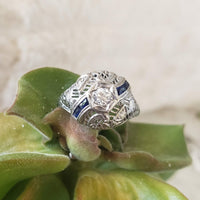 18k white gold vintage Art Deco Diamond & Sapphire filigree Ring