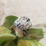 18k white gold vintage Art Deco Diamond & Sapphire filigree Ring