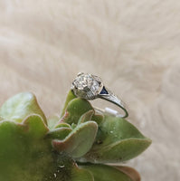 18k white gold vintage Art Deco Diamond & Sapphire filigree Ring