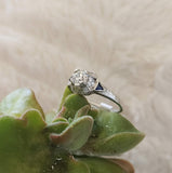 18k white gold vintage Art Deco Diamond & Sapphire filigree Ring