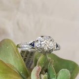 18k white gold vintage Art Deco Diamond & Sapphire filigree Ring