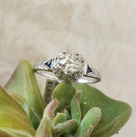 18k white gold vintage Art Deco Diamond & Sapphire filigree Ring