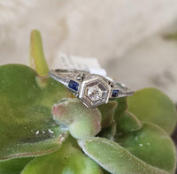 18k white gold vintage Art Deco Diamond & Sapphire filigree Ring