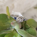 18k white gold vintage Art Deco Diamond & Sapphire filigree Ring
