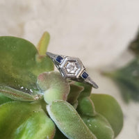 18k white gold vintage Art Deco Diamond & Sapphire filigree Ring