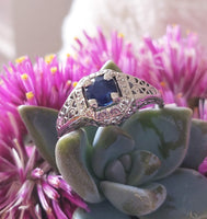 18k white gold blue sapphire c.20s filigree Ring