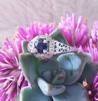 18k white gold blue sapphire c.20s filigree Ring