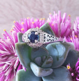 18k white gold blue sapphire c.20s filigree Ring