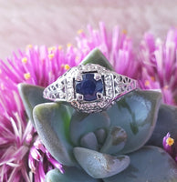 18k white gold blue sapphire c.20s filigree Ring
