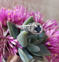 18k white gold blue sapphire c.20s filigree Ring